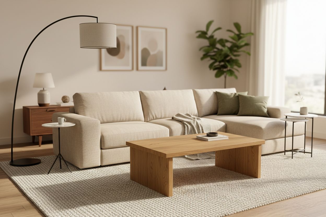 salon teinte beige avec canapé, lampe et table basse
