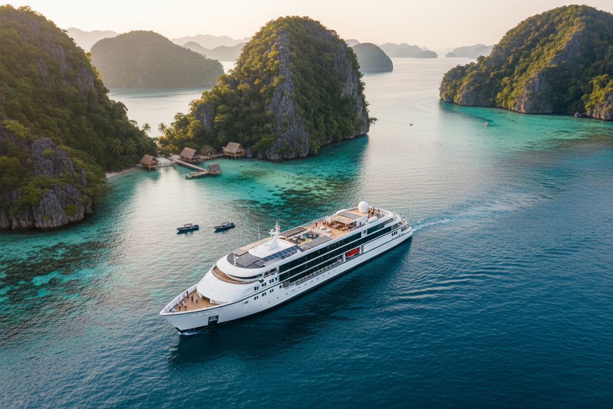 Bateau de croisière naviguant entre des îlots rocheux couverts de végétation.
