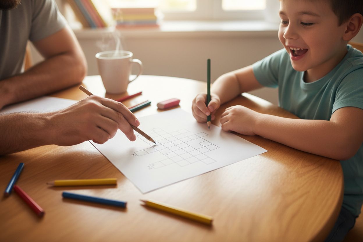 Enfant résolvant une grille de mots croisés à l'aide d'indices
